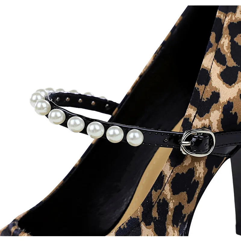 Fashion Leopard Printed Patchwork Pearls Women Pumps Spring Summer Platform Wedges Mary Janes High heels Chunky Dress Shoes