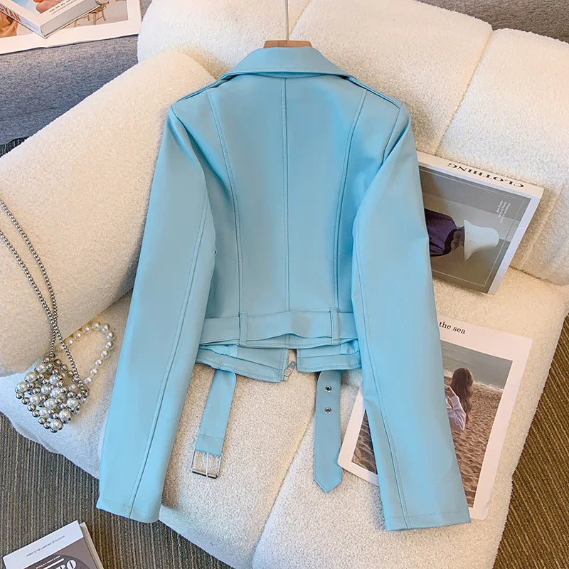 Blue PU leather jacket for women's spring autumn short Street style 2025 new retro motorcycle Leather Coat top