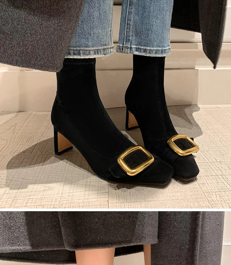 Ods Personalized Low-heeled Fashion Boots for Fall/winter New Pointed Metal Square Buckle Back Zipper Stretch Thin Ankle Boots42