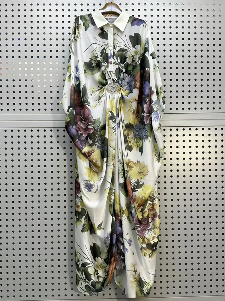 Retro tie dye printed diamond button pleated lapel pullover dress, fashionable loose plus size women's irregular shirt skirt