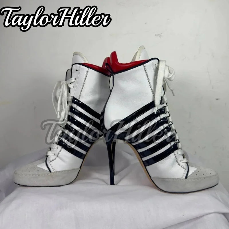 New White Black Striped Ankle Boots High Top Sport Sneakers Lace Up Luxury Pointy Toe High Heels Stiletto Patchwork Winter Shoes