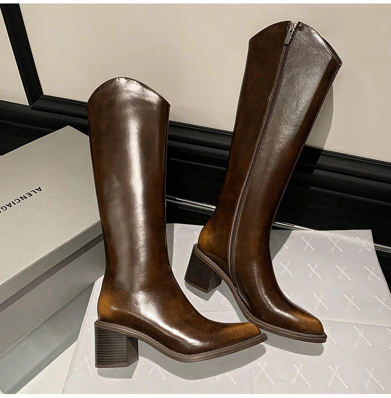 Ods New Women Genuine Leather Pointed Toe Knee High Boots Black White Brown Side Zipper Female Shoes Thick Heel Plus Size 42