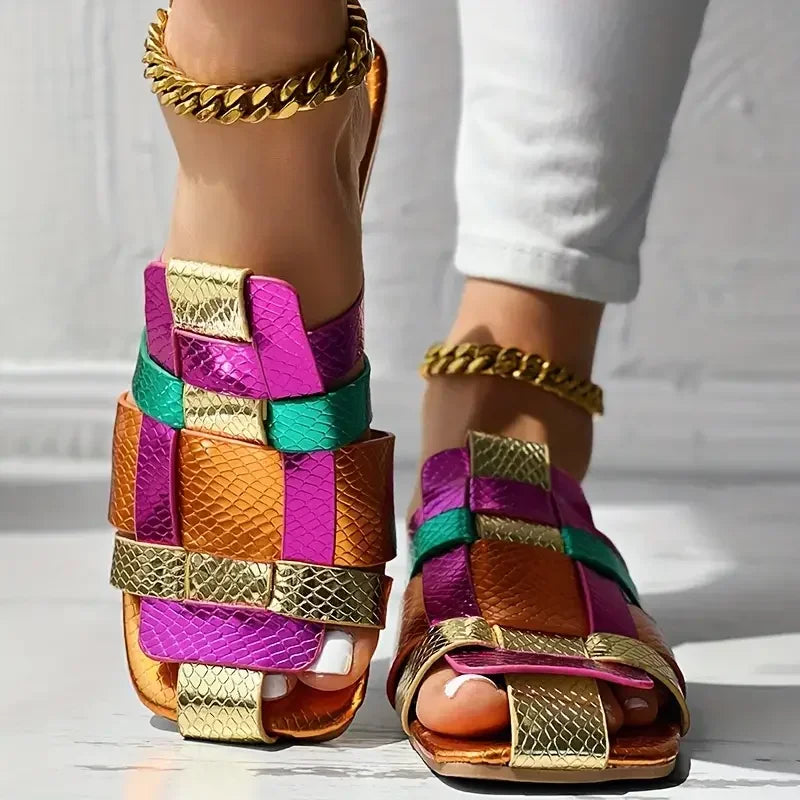 Summer Colorful Fashionable Sexy Casual Soft Luxurious Square Toe Hollow Roman Flat Shoes Model Vacation Comfortable Slippers