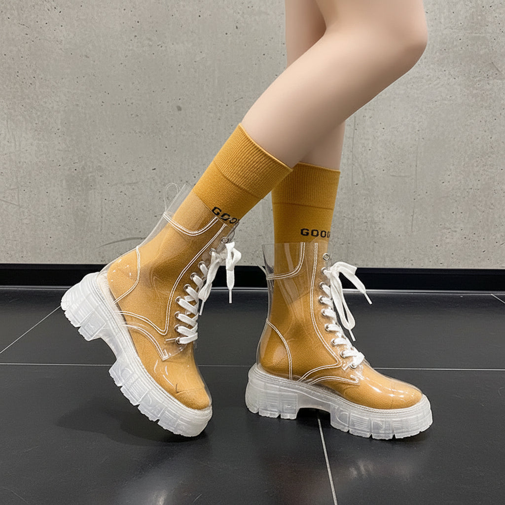 Waterproof Lace-up Platform Clear Booties Fashion Round Toe Non-Slip Block Heel Shoes for Women, shoes for Flood and rain, Rainy Fashion