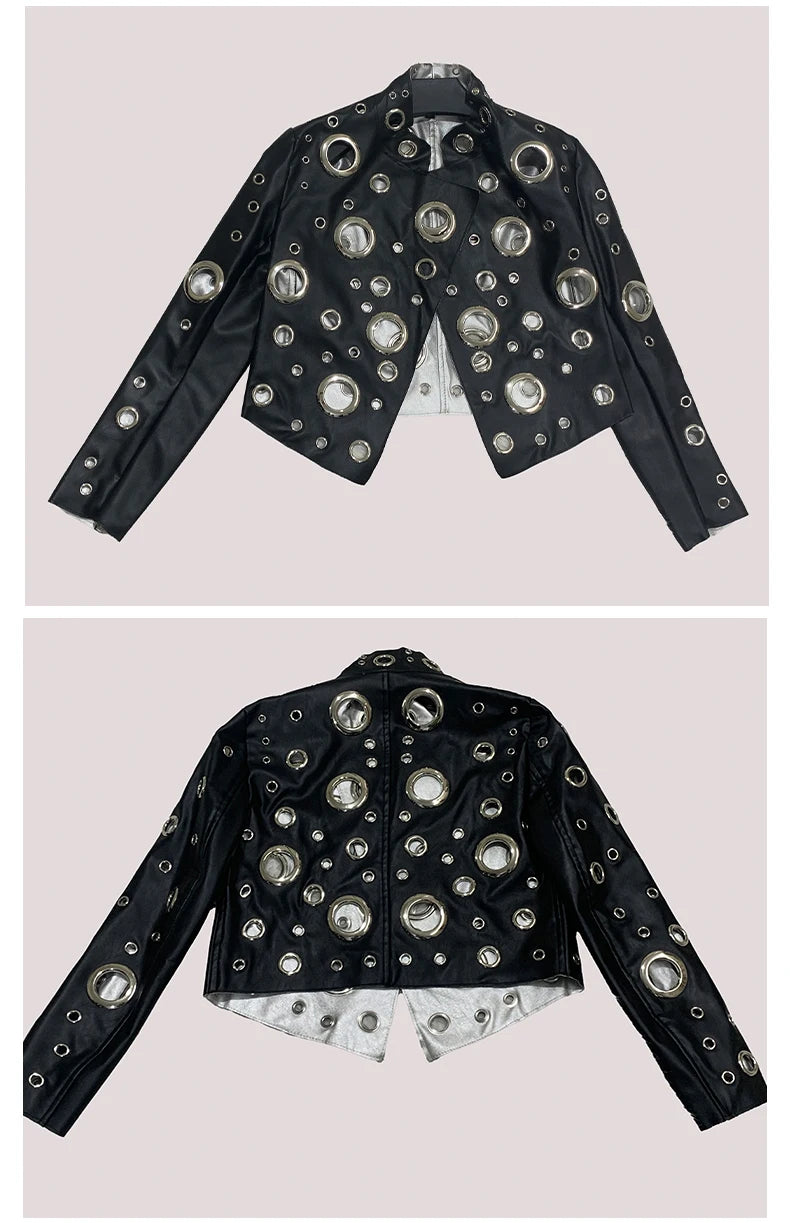 Mauroicardi Spring Short Hollow Out Patchwork Short Pu Leather Jacket Women Cool Luxury Designer European Style Clothes Fashion