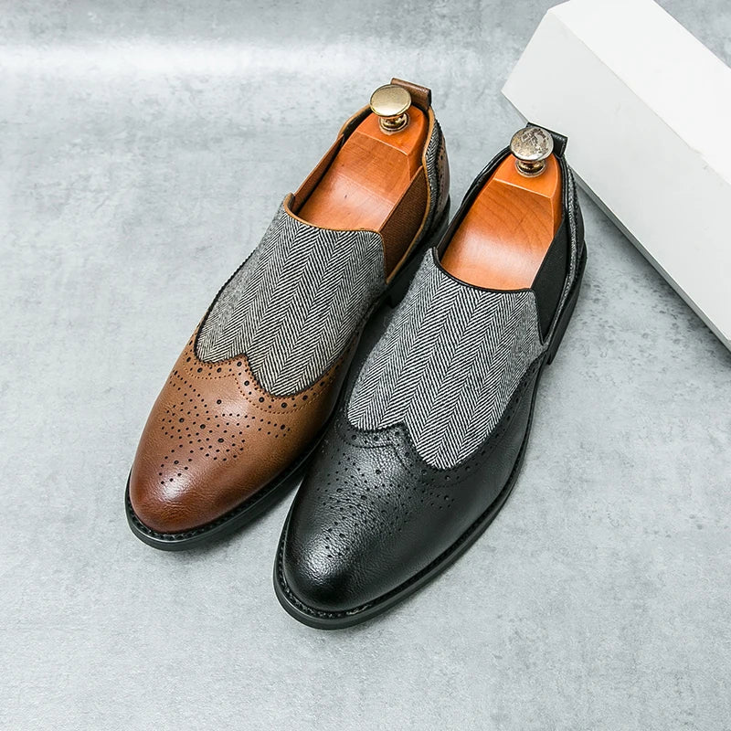 Spring New Men's Comfortable Carved Breathable Block Shoes Fashion Brand Men Retro Brown Pointed Business Banquet Wedding Shoes