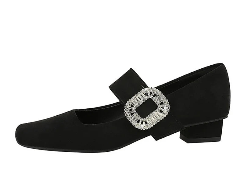 European American Style Banquet Suede With One Strap Marie Zhen Rhinestone Thick Heel Low Heel Square Toe Single Women Shoes