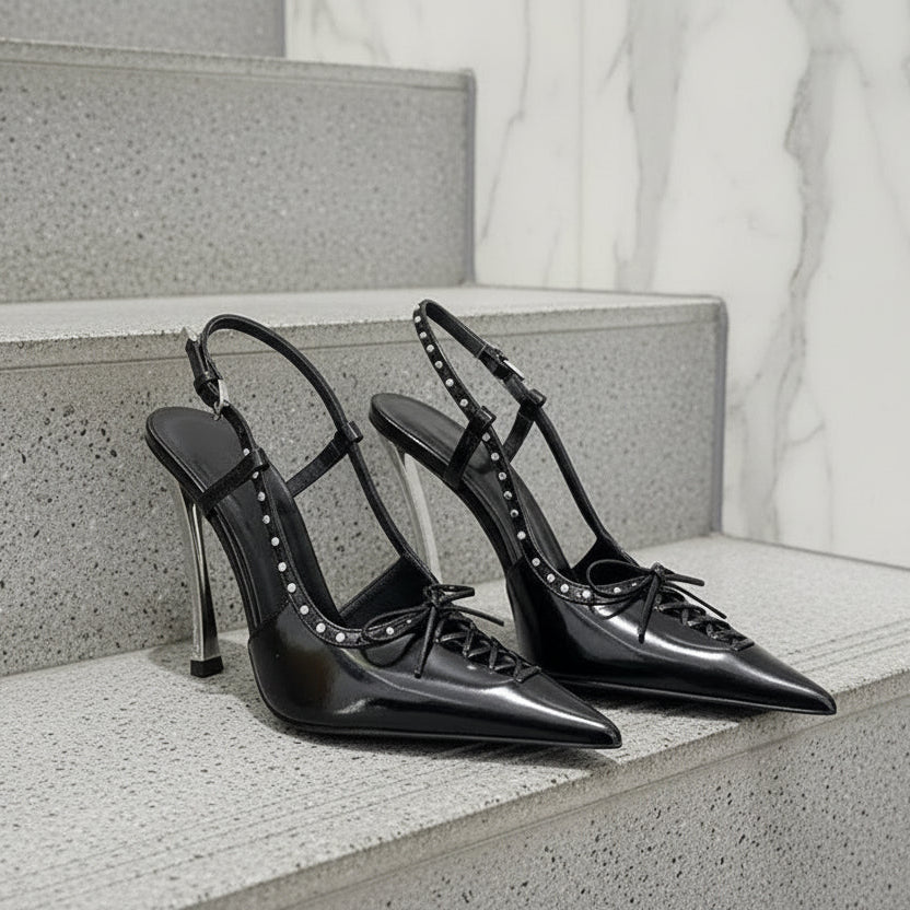 Patent Leather Rivet Women Pumps Elegant Pointed toe Lace-up Office Lady Slingbacks High heels Party Shoes 2026 Summer Fashion