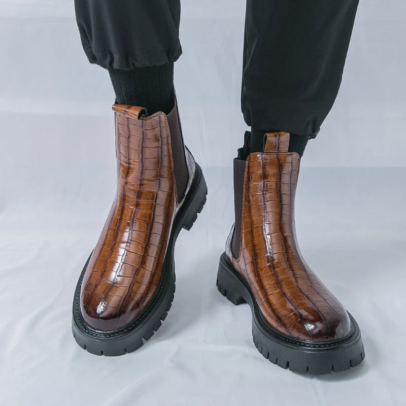 2025 Fashion Brand Men's Comfortable Fit Thick Soled Chimney Boots Autumn New High Top Chelsea Boots Plus Large Workwear Boots