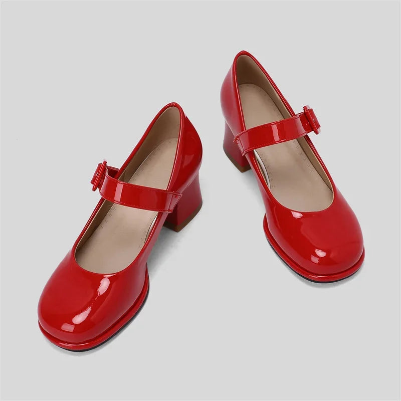 Spring Autumn Women Platform Mary Janes High Thick Heel Orange Red Patent Leather Dress Office Lady Round Toe Buckle Strap Pumps
