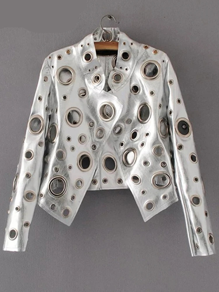 Rocker Runway Cut Out Short Faux Leather Jacket Golden Rivet Cool Stylish Designer Clothes Women European American Fashion 2022
