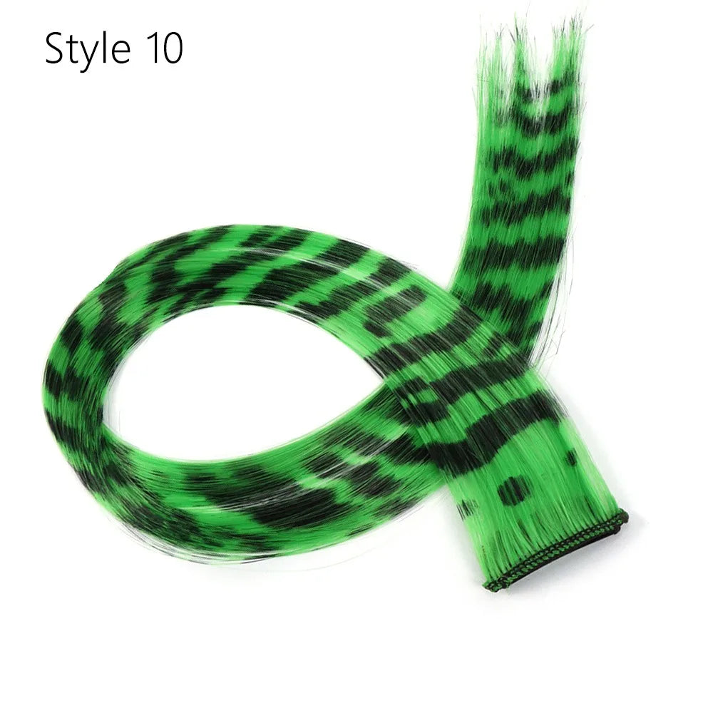 Stripe Printed Clip in Hair Extensions Synthetic Straight Hair Highlights Colorful 18 Inches Wig Hairpieces for Daily Use Party