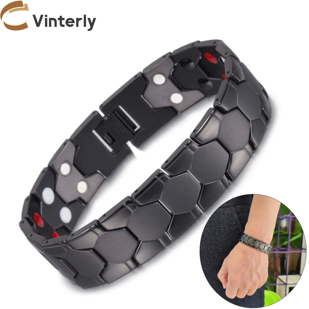 Vinterly Magnetic Bracelet Male Black Brazil Football Style 18mm Wide Health Energy Stainless Steel Men Chain Link Jewelry Punk