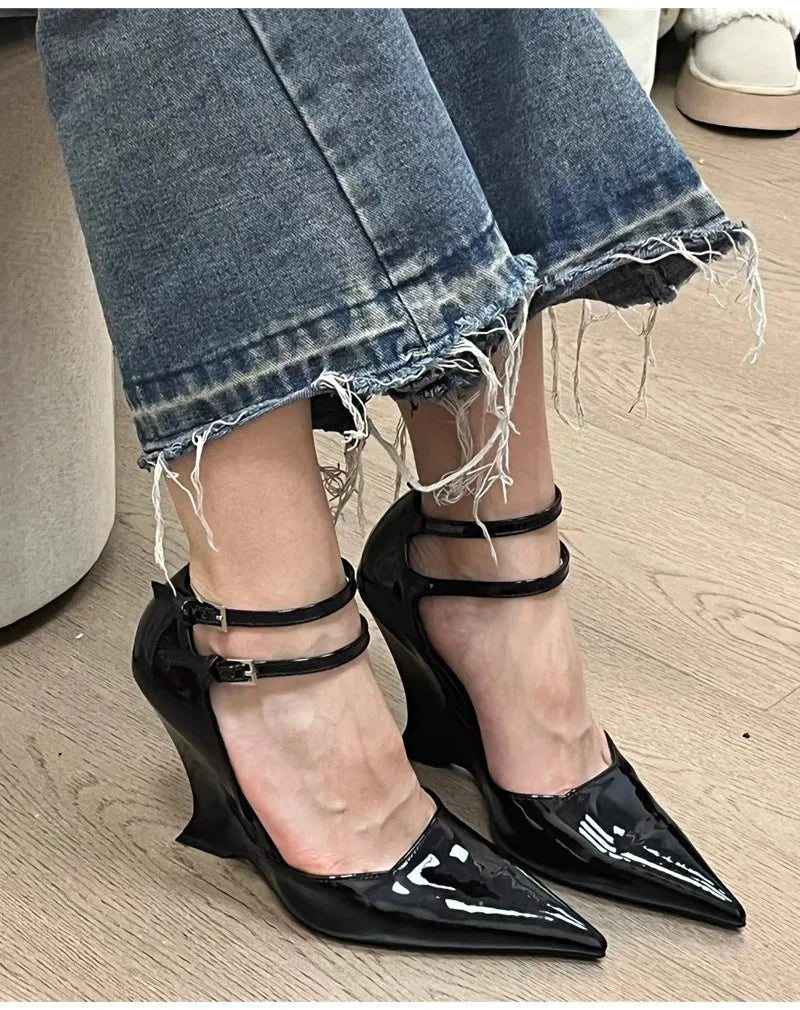 Fashion Patent Leather Platform Wedges Women Pumps Spring Autumn Double Strap Buckle High heels Mule Wedding Party Sandals Shoes