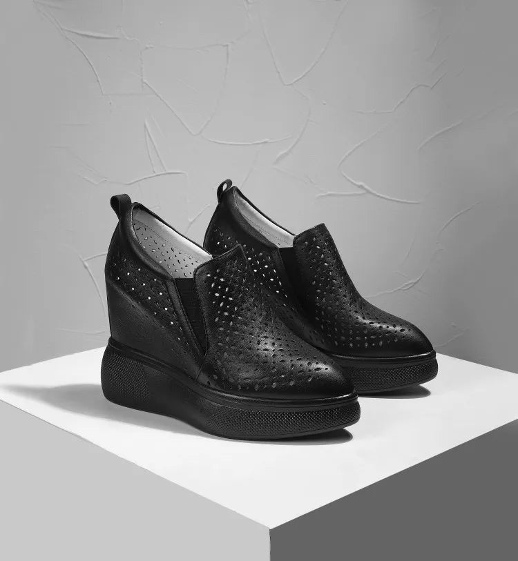 High Heels Hollow Out Shoes Casual Black White Women Sneakers Leisure Platform Shoes Slip-On Breathable Height Increasing Shoes