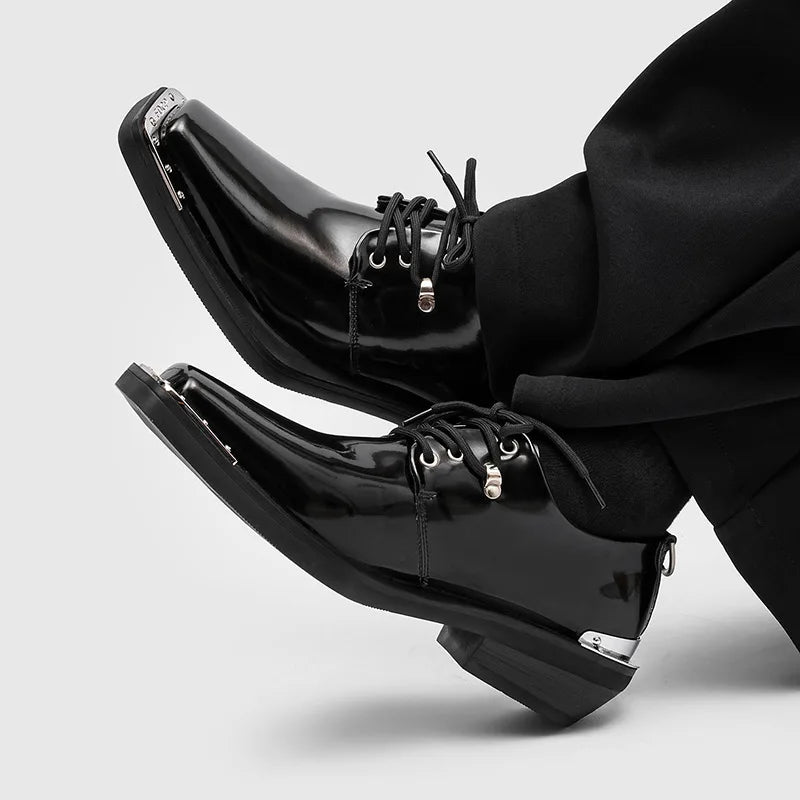 Metal Square Toe Derby Shoes Fashionable Thick Soled Lace Up Design Upturned Toe Thick Heel Trendy Men's Casual Leather Shoes
