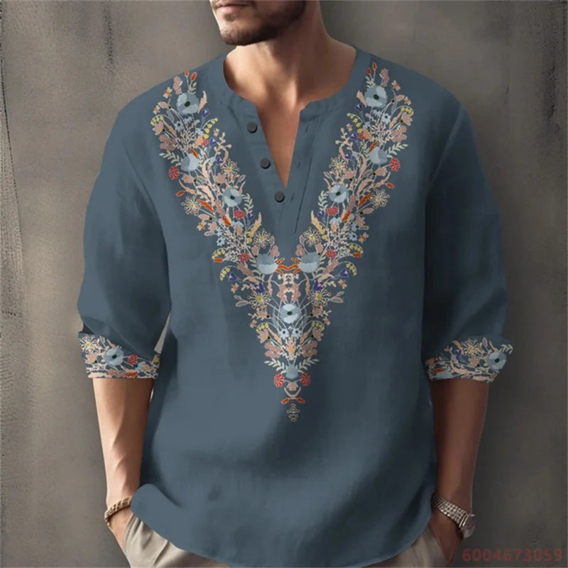 Men's Long-Sleeved Shirt for Summer Vacation, Featuring a Color-Blocked Geometric Print and Henley Collar; Stylish Men's Shirt.