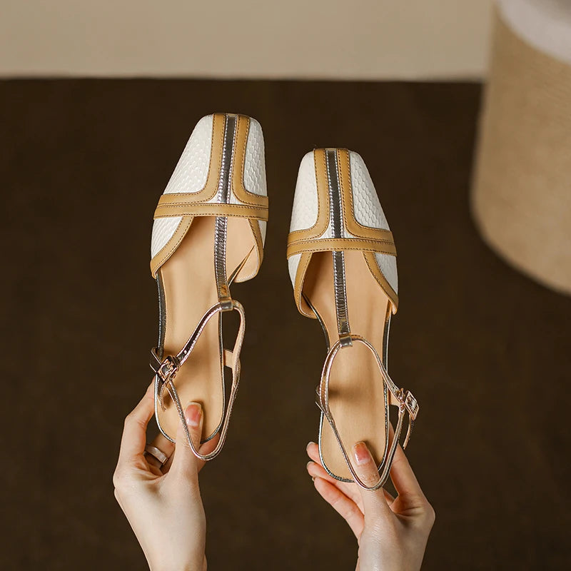 Dilalula 2025 Summer French Style T-Strap Genuine Leather Sandals Women Covered Toe High Heels Mixed Color Party Dating Sandals