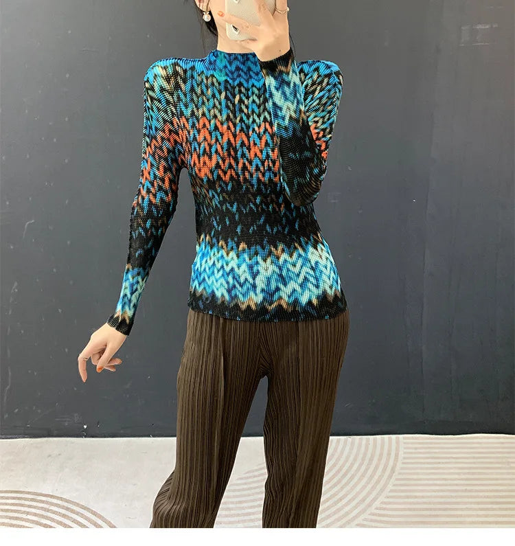 Miyake Pleated 2026 Spring and Summer New Fashion Tops Women's Long-sleeved Half-high Collar Printed T-shirt Bottoming Shirt