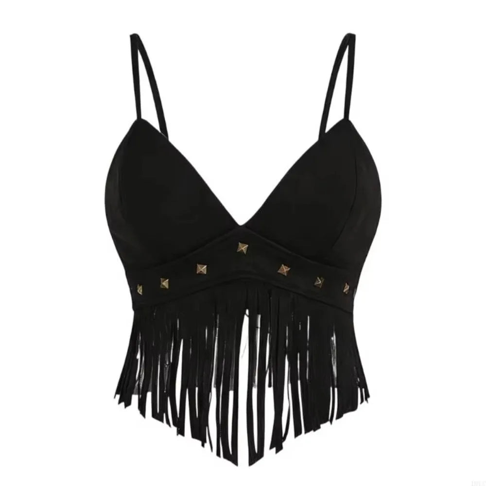 Vintage Faux Suede Women Crop Top V Neck Spaghetti Strap Fringe Vest Tassel Trimmed Cowgirl Style Sleeveless Vest for Women