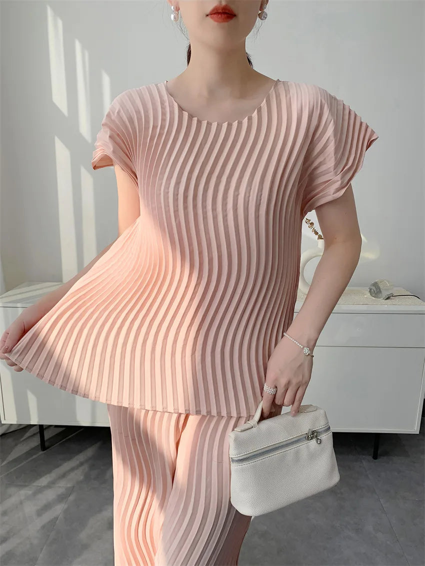 Miyake Pleated Women's Casual Solid Color Round Neck Short-sleeved Loose Versatile T-shirt Tops Fashionable Pullover Shirt