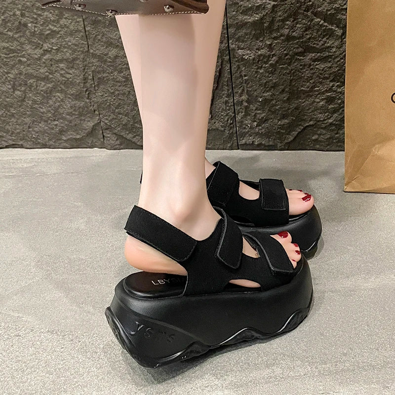 7CM High Platform Leather Sandals Women New Summer Breathable High Heels Ladies Beach Sneakers Wedges Chunky Slippers Sandalias