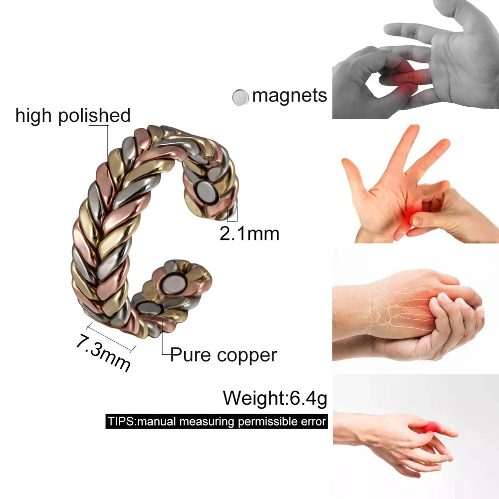 Vinterly Pure Copper Rings Magnetic Health Energy Braided Twisted Finger Open Cuff Adjustable Wedding Bands 7.3mm Wide Jewelry