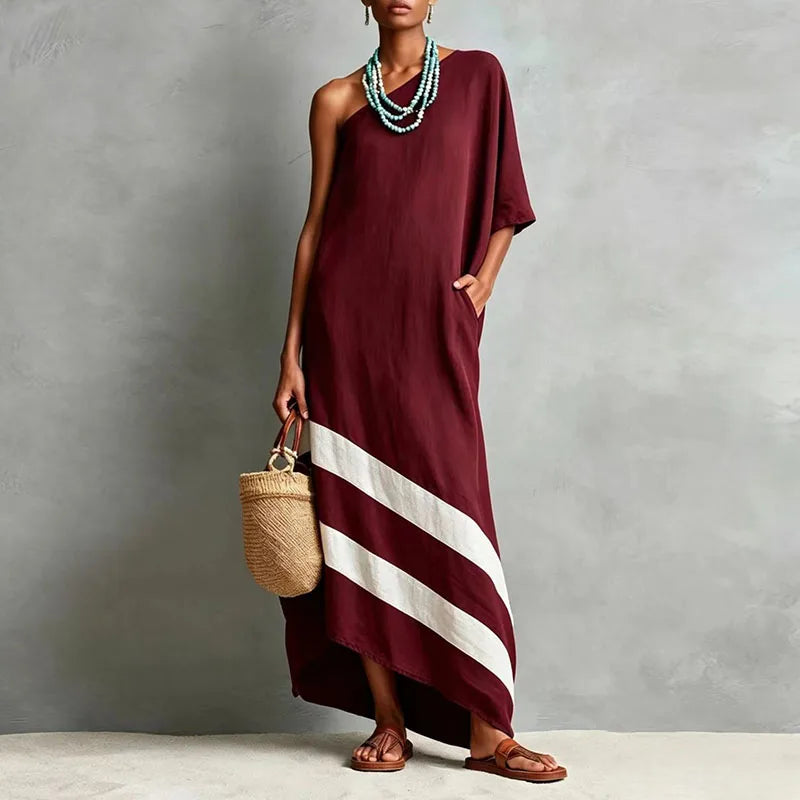 New Women One Shoulder Maxi Dress Short Batwing Sleeve Diagonal Stripe Print Asymmetric Hem Autumn Loose Boho Beach Travel Dress