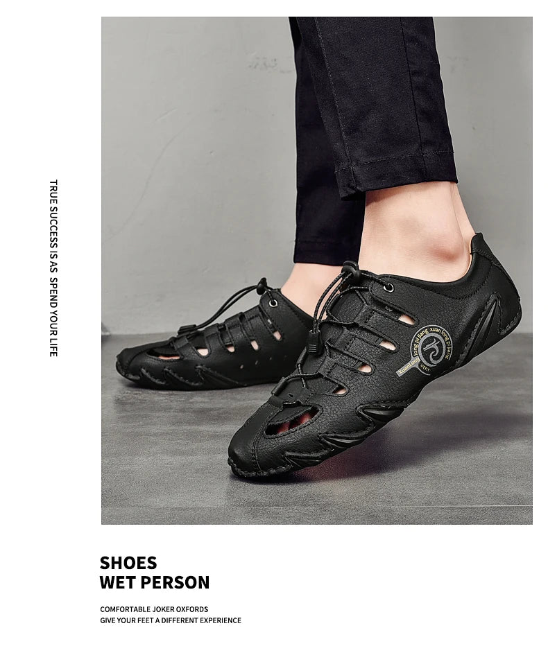 Men's slippers flat bottomed beach breathable genuine leather business casual non slip lightweight hollow out outdoors sandals