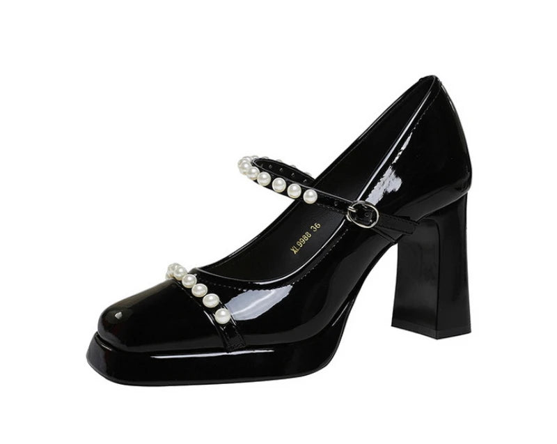 Retro Style Color Block Square Toe Thick Heel High Heels Women's Waterproof Platform Pearl Mary Jane Shoes Casual Fashion