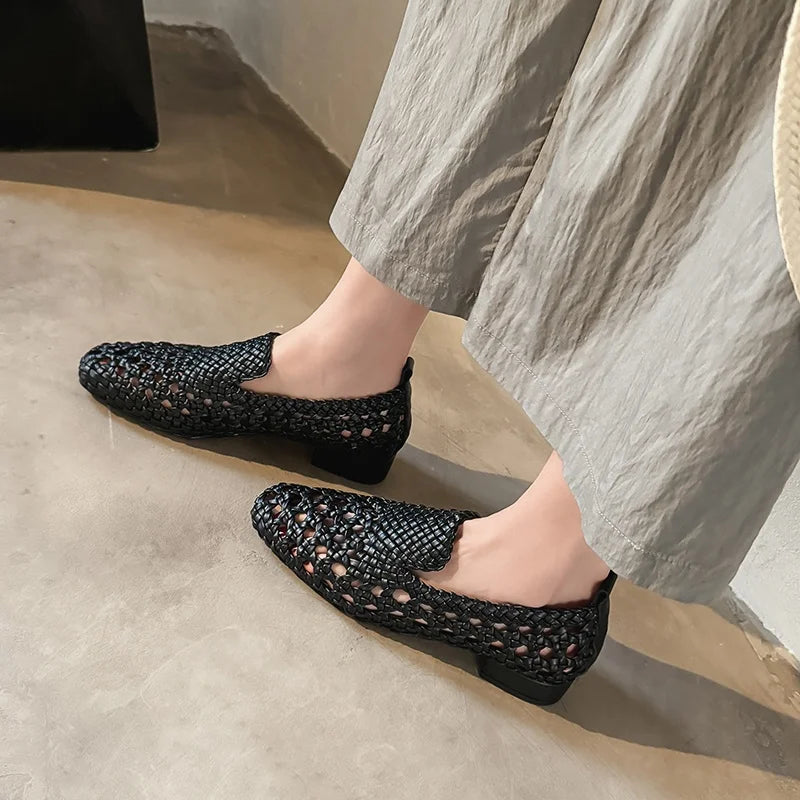 Hot Sale Genuine Leather Braided Sandals Women Low Heel Breathable Summer Loafers Sandals Female Leisure Sandals