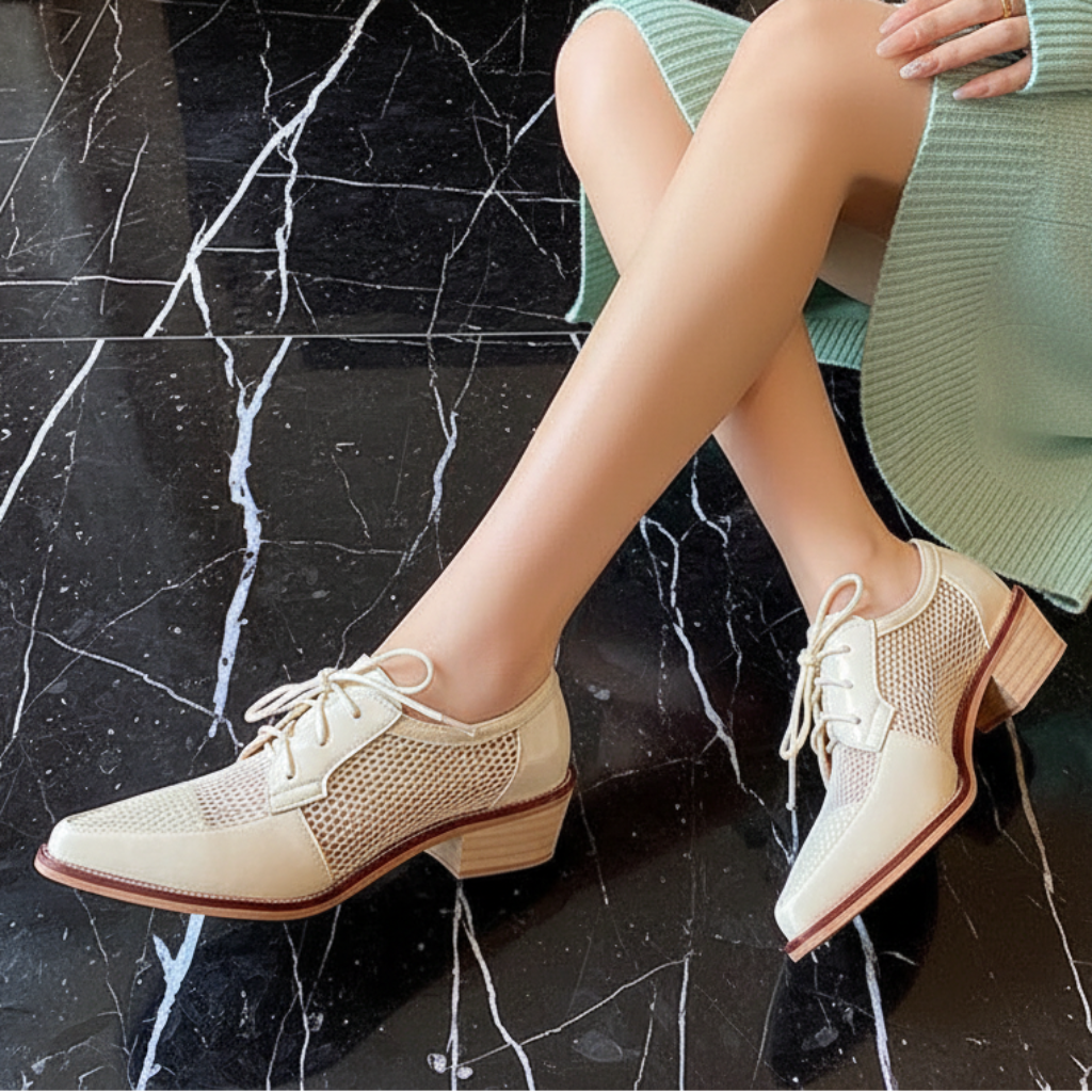 Spring Summer Genuine Leather Mesh Pumps Women Pointed Toe Lace Up Med Thick Heels Breathable Office Ladies Shoes 2025