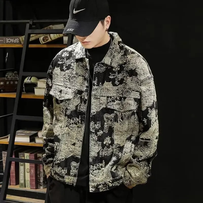 Retro Camouflage Loose Men's Jacket Long Sleeve Embroidered Denim Coat Fashionable Trendy Outerwear Comfortable Fit Male Coat