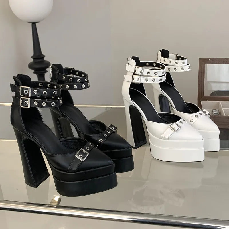 Runway style 15cm Ultra High heels Platform Wedges Women Pumps Fashion Rivet Ankle Strap Thick Heeled Spring Summer Chunky Shoes