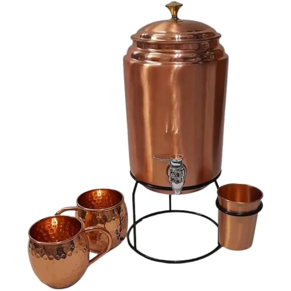 100% Pure Handmade Copper Water Dispenser 5L Glass Water Tap Hammered Copper Water Tank Metal Matki Eco-Friendly Bar Accessories