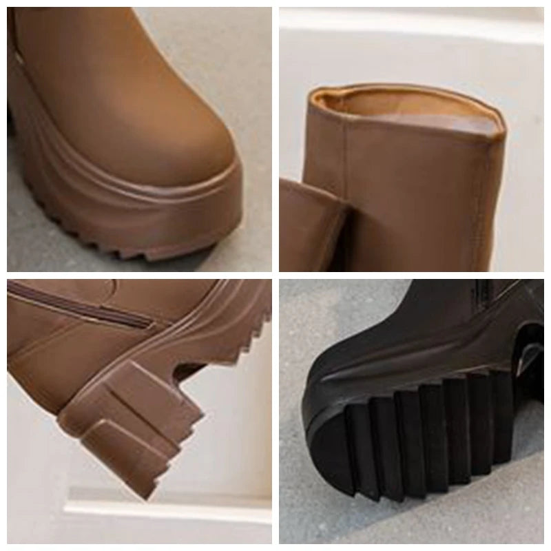 Fujin 10cm Microfiber Women Boots British Boots ZIP Synthetic Leather Ankle Spring Platform Wedge Knee High Fashion Autumn Shoes