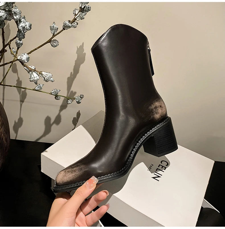 Ods New Women Genuine Leather Pointed Toe Knee High Boots Black White Brown Side Zipper Female Shoes Thick Heel Plus Size 42
