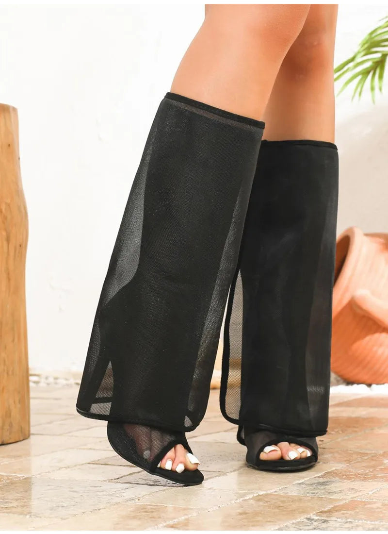 2026 Spring Summer Sexy Peep toe Mesh Women Knee High Boots Fashion 11cm High heels Detachable Zipper Nightclub Boots Shoes