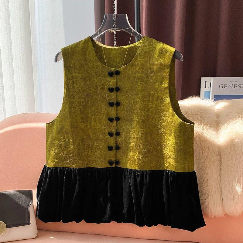 Spring and Autumn High-grade Sleeveless Jacquard top Oriental Style Velvet Stitching Vest Coat Women's Clothing Women's Vests