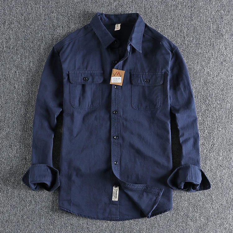 Autumn New American Retro Twill Woven Cargo Shirt Men's Fashion Pure Cotton Washed Old Long Sleeve Double Pocket Casual Blouses
