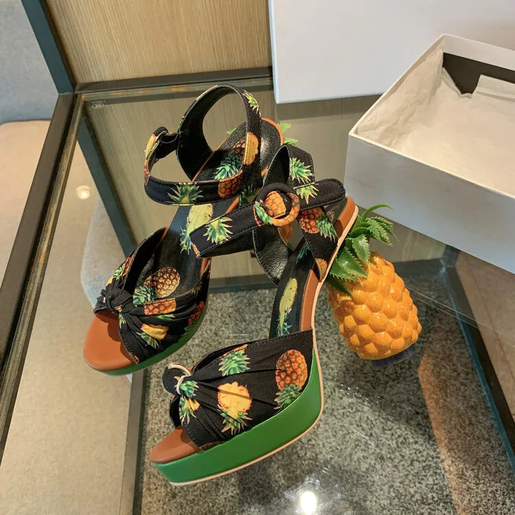 Sweet Lady Pineapple Heels High Heels Women's Thick Bottom Water Platform Printed Fabric Personalized Ultra High Heels Oversize
