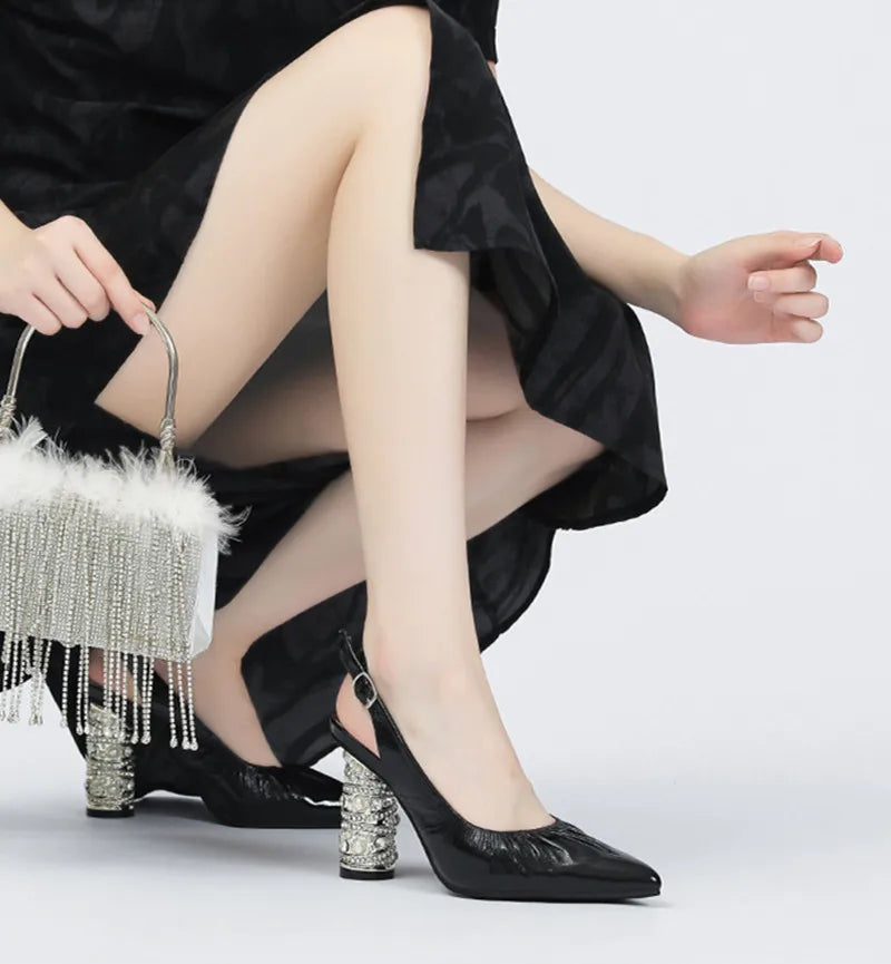 Luxury Pearls Rhinestones Genuine Leather Women Pumps Elegant Pointed toe Pleated Slingbacks High heels Female Party Dress Shoes
