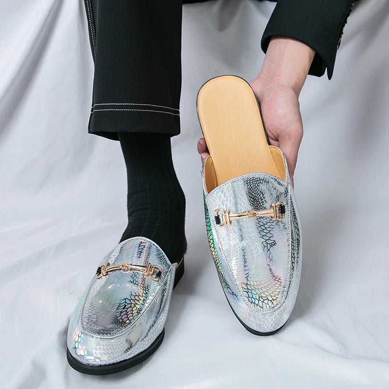 Fashion Brand Men's Cool Snake Skin Pattern Comfortable Half Back Leather Shoe Summer Men Breathable Bottom Casual Leather Shoes