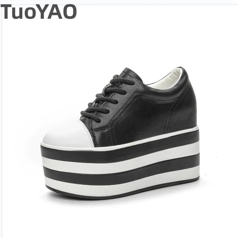 12cm Genuine Leather Platform Wedge Chunky Sneaker Hidden Heels Casual Breathable New Spring Autumn High Brand Vulcanize Shoes