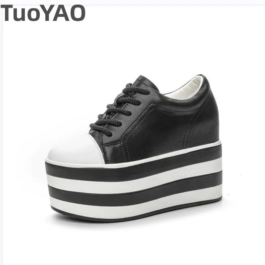 12cm Genuine Leather Platform Wedge Chunky Sneaker Hidden Heels Casual Breathable New Spring Autumn High Brand Vulcanize Shoes