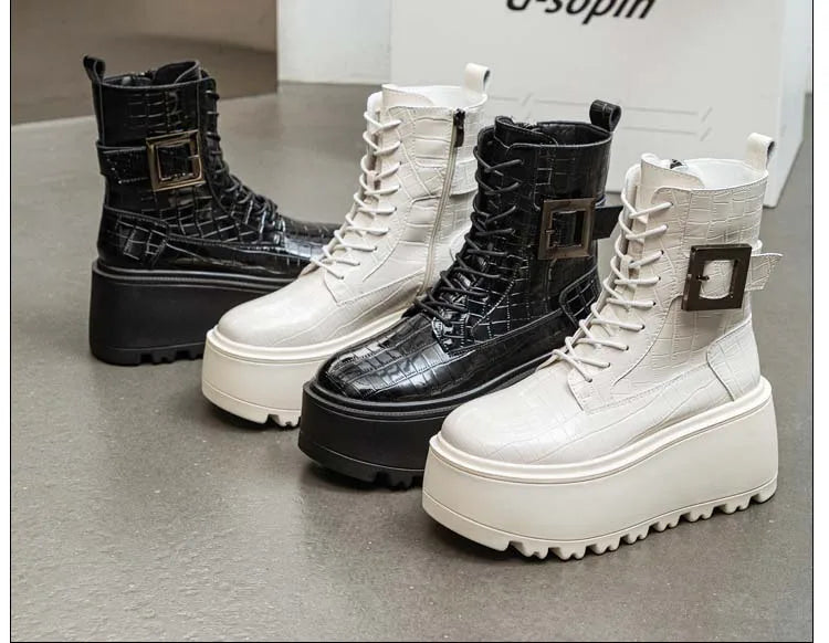 Fujin 8cm New Women Combat Boots Ankle Booties Platform Sneakers Spring Autumn Warm Fur Winter Genuine Leather Women Shoes Boot