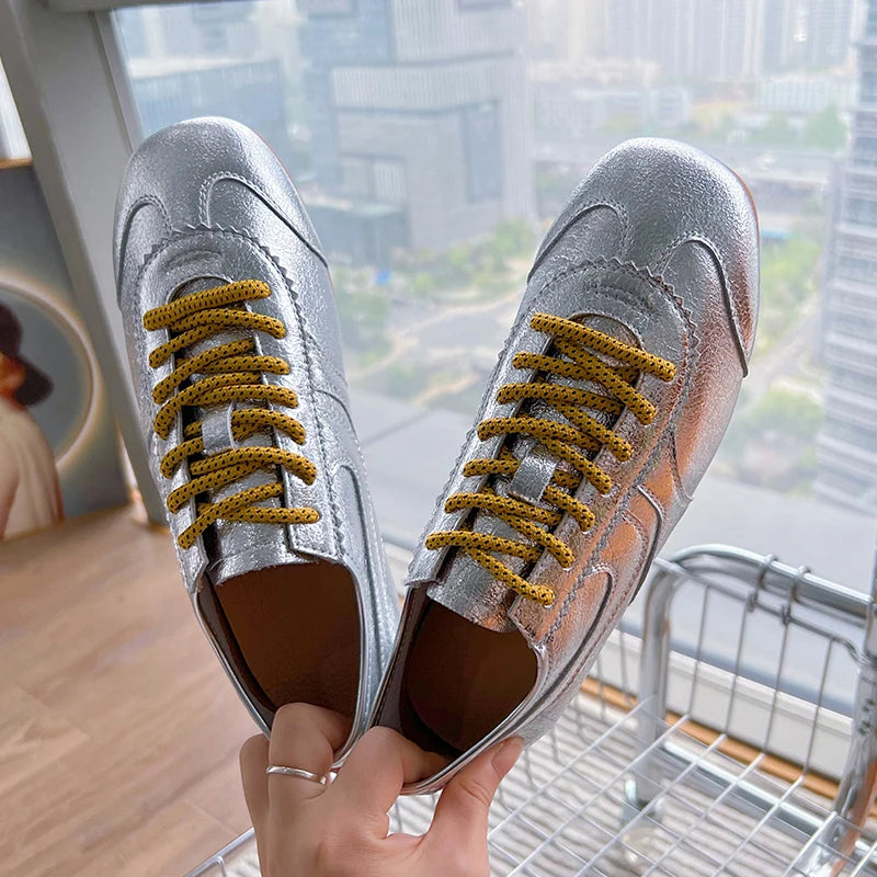 German Training Shoes Women 2025 New Genuine Leather Women Sneakers Flat Lace-up Retro Large Size Forrest Gump Shoes Women