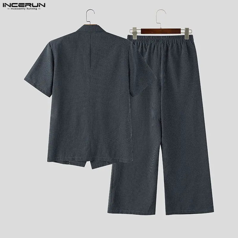 INCERUN Men Plaid Sets Lapel Short Sleeve Blazer Wide Leg Pants Two Piece Sets Streetwear Elegant 2026 Fashion Men Matching Sets