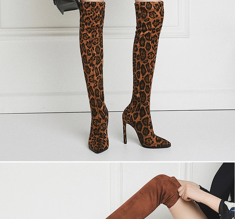 Sexy Glamourous Women Thigh High Boots Thin High Heeled Long Boots Leopard Print Snake Pointed Toe Over The Knee High Winter Bootie