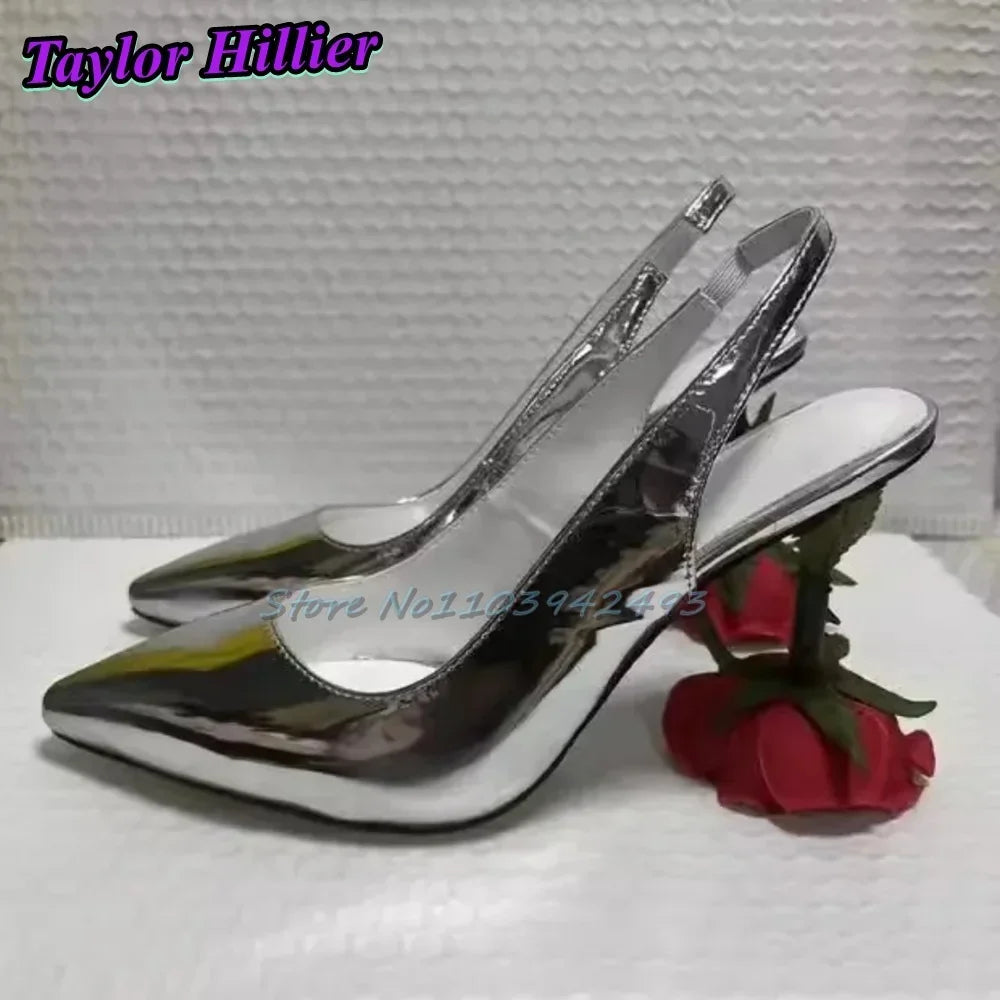 Sexy Rose Heeled Sandals Pointed Toe High Heels Red Blossom Strange Style Slingback Summer Shallow Solid Pull On Designer Shoes
